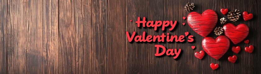 Fototapeta premium Romantic Minimalist Valentine's Day Theme with Red Hearts on Wooden Background for Celebratory Use