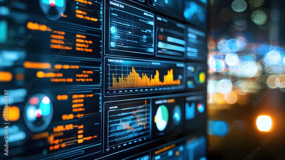 Poster financial data analytics screen displaying charts graphs and numerical information at night