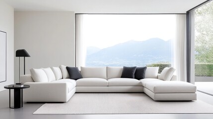 Modern white sectional sofa in stylish interior with mountain view and natural light shining through large windows
