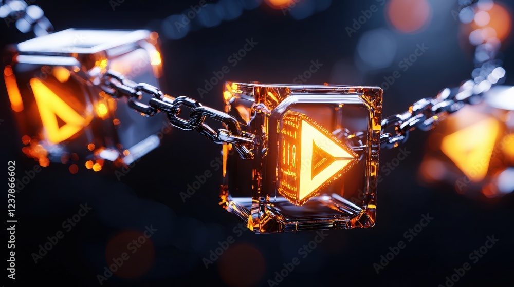 Poster glowing cubes linked by chain abstract digital art technology concept