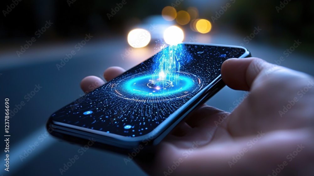 Poster futuristic mobile technology digital data stream handheld device