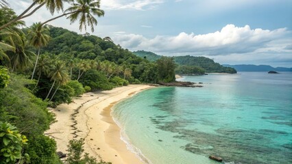 stylized depiction of a tropical paradise with yellow tan blue teal watercolor strokes, island scenes, sandy shores, colorful depictions, palm trees, tropical paradises