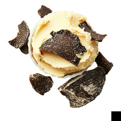 Truffle butter with a rich earthy flavor displayed in a compact form, emphasis on texture and color, isolated on white background