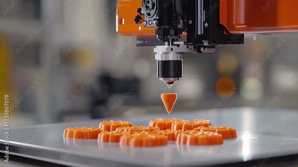 Poster orange 3d printed objects emerging from modern machine technology innovation