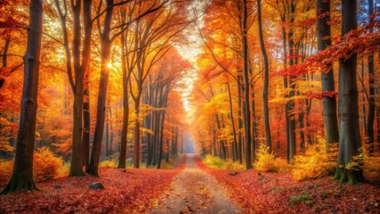 Autumnal Path Sunlit Canopy of Vibrant Fall Foliage along a Forest Road