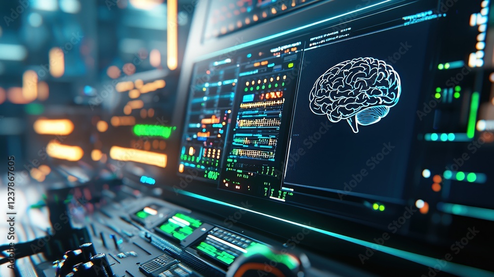Poster futuristic brain scan interface technology digital neural network data