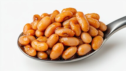 Fototapeta premium Glistening Baked Beans on a Spoon Against White Background
