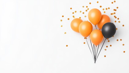 A vibrant arrangement of orange and black balloons with scattered confetti on a white background