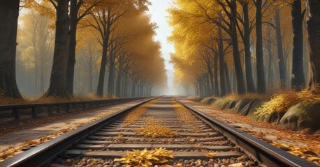 Naklejka premium Tall trees with golden autumn leaves stretching above a winding railroad track, deciduous trees, woodland scene