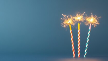 Three colorful birthday candles with sparklers glowing against a blue background, celebrating joy