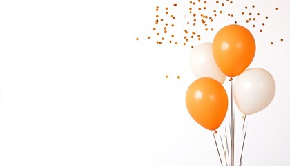 Colorful balloons in orange and white float against a bright background with confetti falling