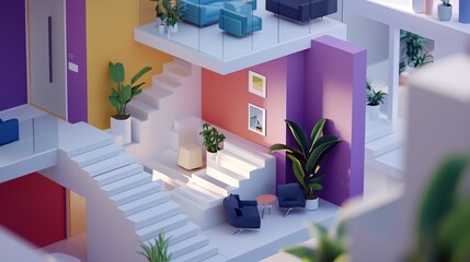 Modern Minimalist Interior Design with Pastel Walls Plants and Stairs