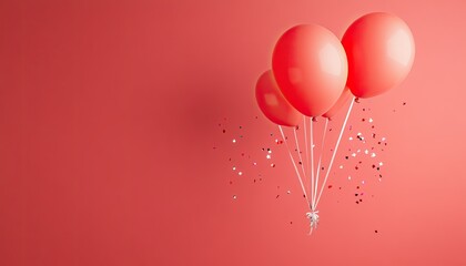 A vibrant display of red balloons floating against a pink backdrop with festive confetti scattered