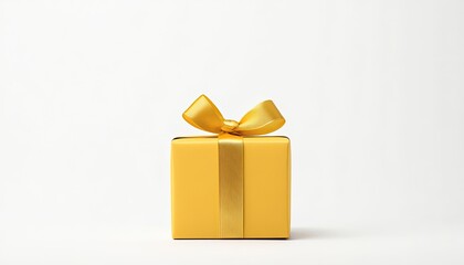 A vibrant yellow gift box with a shiny ribbon, set against a clean white background, ideal for celebrations