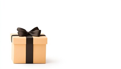 A beautifully wrapped gift box with a black ribbon, set against a minimalistic white background