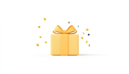 Bright yellow gift box with a bow surrounded by colorful confetti on a white background