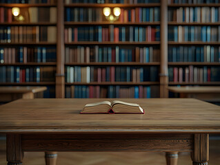 Fototapeta premium Open book on library table, bookshelves background; education