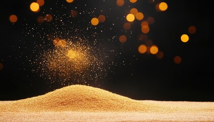 Glimmering golden sand mound with sparkling particles against a dark background, creating a magical effect