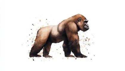 Realistic illustration of a standing gorilla with artistic splashes on a white background