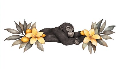 A serene chimpanzee resting among vibrant yellow flowers and green leaves, evoking tranquility