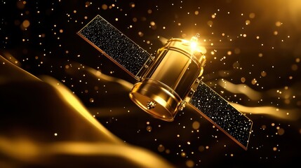 A stunning golden satellite floats in a cosmic scene filled with stardust, symbolizing innovation and exploration.