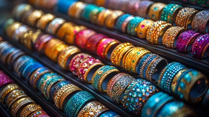 Colorful bangles displayed at market; vibrant jewelry, India