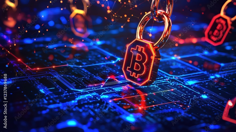 Poster secure bitcoin cryptocurrency digital blockchain technology concept