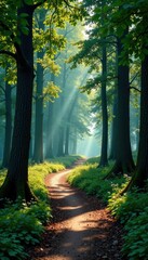 Obraz premium The winding path disappears into the distance among tall trees, trees, woodland