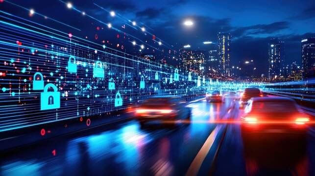 Cityscape Night Driving Digital Security Network Data Flow