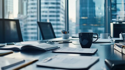 Modern Office Workspace Meeting Table Documents City View