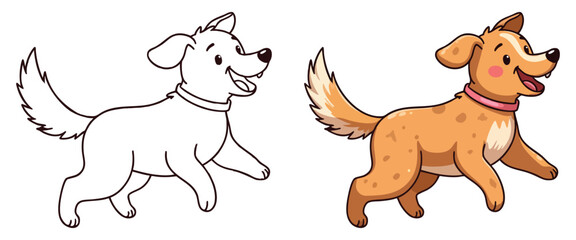 Cute Little Dog Coloring Page line art with fill colored sample Printable. Isolated on White Background Outline Vector Illustration. Bold and Easy Domestic Animal Coloring Pages for Adults and Kids