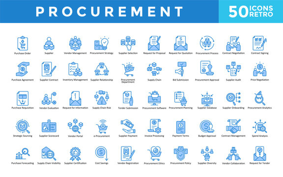Procurement icons set with purchase order, supplier, vendor management, procurement strategy, supplier selection, request for proposal, request for quotation icon. Simple retro vector 
