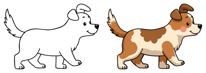 Cute Little Dog Coloring Page line art with fill colored sample Printable. Isolated on White Background Outline Vector Illustration. Bold and Easy Domestic Animal Coloring Pages for Adults and Kids