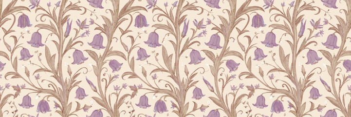 Repeating pattern of stylized floral motifs in muted pastel shades of purple, green, and beige on a light background.