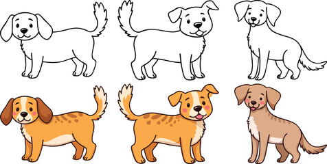Cute Different Types of Little Dog Coloring Page line art with fill colored sample Printable. Isolated on White Background Outline Vector Illustration. Bold and Easy Domestic Animal Coloring Pages for