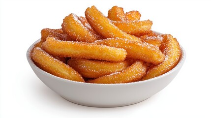 Golden Churros with Powdered Sugar in White Bowl