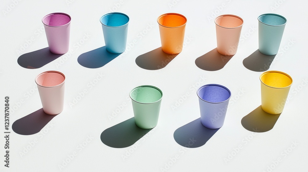 Poster colorful cups arranged in a pattern casting playful shadows on a light surface in bright sunlight