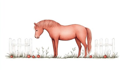A whimsical illustration of a pink horse standing beside a white picket fence with apples