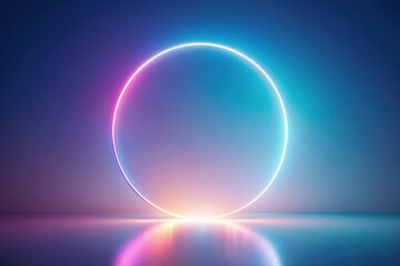 Obraz premium Abstract Futuristic Circular Neon Light Display with Gradient Background and Reflective Surface