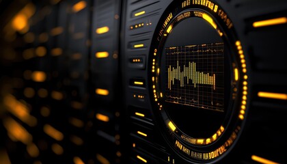 Futuristic data visualization representing digital sound waves with a sleek black and yellow design.