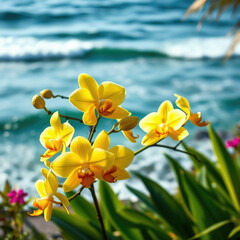 Obraz premium Tropical yellow orchid flowers with white petals blooming near the ocean, beach, tropical, sunny, seaside