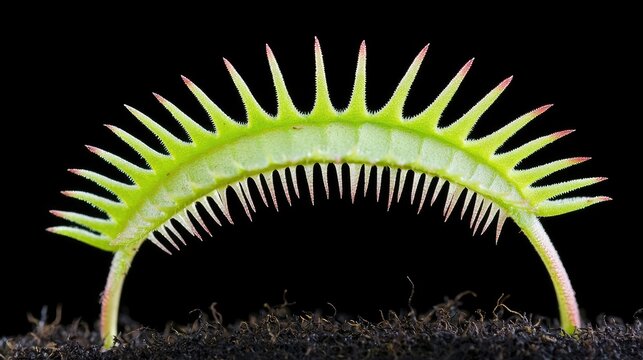 Venus flytrap leaf, macro close-up, black background, botanical study