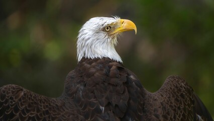 Close-up of a majestic bald eagle against a blurred background.