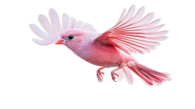 Pink bird flying with spread wings on transparent background