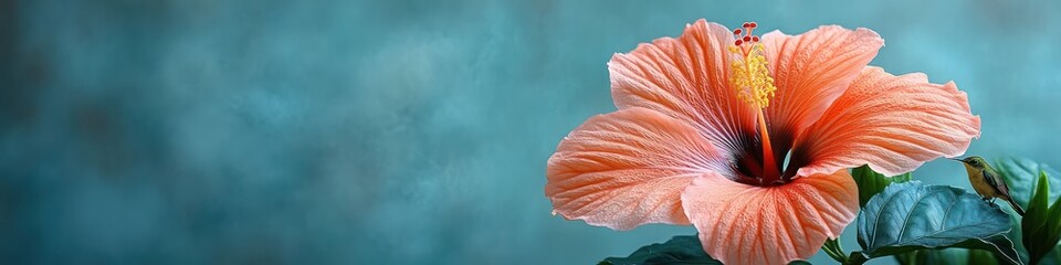 A Stunning Peach Hibiscus with a Tiny Hummingbird