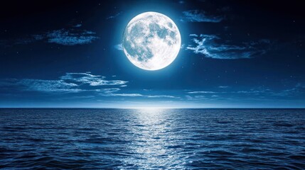 Fototapeta premium A serene night scene featuring a bright full moon over a calm ocean.