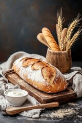 Freshly baked sourdough bread on a rustic wooden board surrounded by wheat and butter