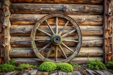Obraz premium Rustic wooden wagon wheel against aged log cabin wall, surrounded by vibrant green ground cover plants on a weathered wooden surface.