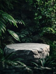 Obraz premium A close-up shot of an empty rock podium surrounded by lush green foliage, creating the perfect backdrop for showcasing your product in nature-inspired designs.