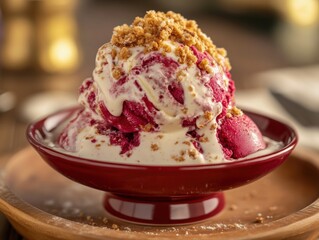 Savoring Creamy Crimson Delight Dessert Table Food Photography Warm Indoor Setting Closeup Shot Red Velvet Ice Cream Background